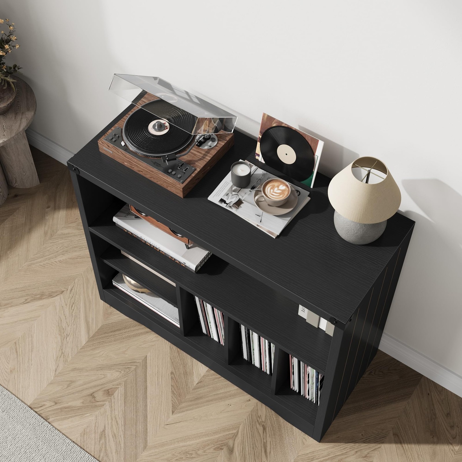 Vinyl Record Stand w/ 6 Storage Cubes, Farmhouse Turntable Cabinet Living Room