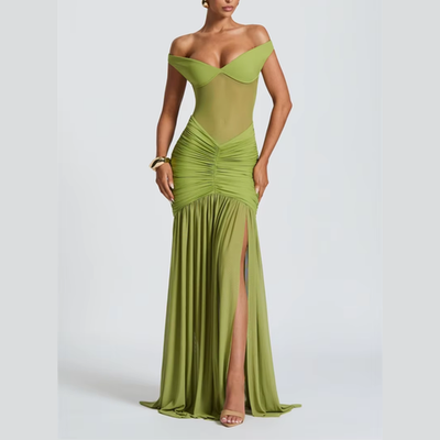 #ad Ariella Off Shoulder Mesh Gown in Green and Black Sizes S M L $62.99
