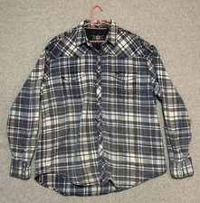 True Grit Mens Flannel Shirt XXL Blue Plaid Pear Snap Long Sleeves