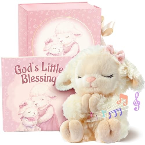 Baptism Gift Set for Baby Girl - Plush Praying Lamb, Blessin