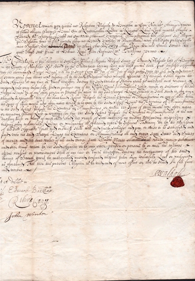 Contrato de 1679 firmado por el coronel Robert Walpole Houghton Norfolk vínculo penal Foto 3 de 3