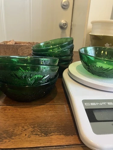 8 Emerald Forest Green Sandwich Glass Berry Bowls Vintage