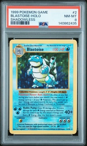 1999 POKEMON GAME SHADOWLESS #2 BLASTOISE-HOLO PSA 8