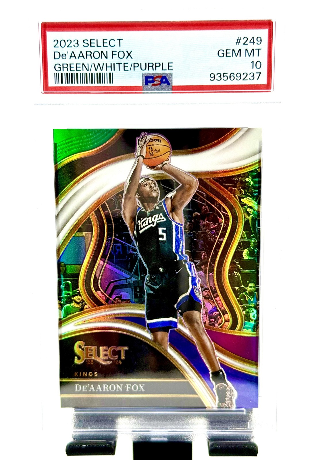 2023-24 Panini Select #249 De'Aaron Fox Green White Purple Prizms PSA 10