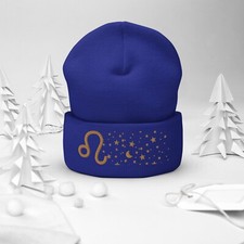 Leo Lion in the Stars Knit Beanie - Cozy Knit Hat  Royal Blue