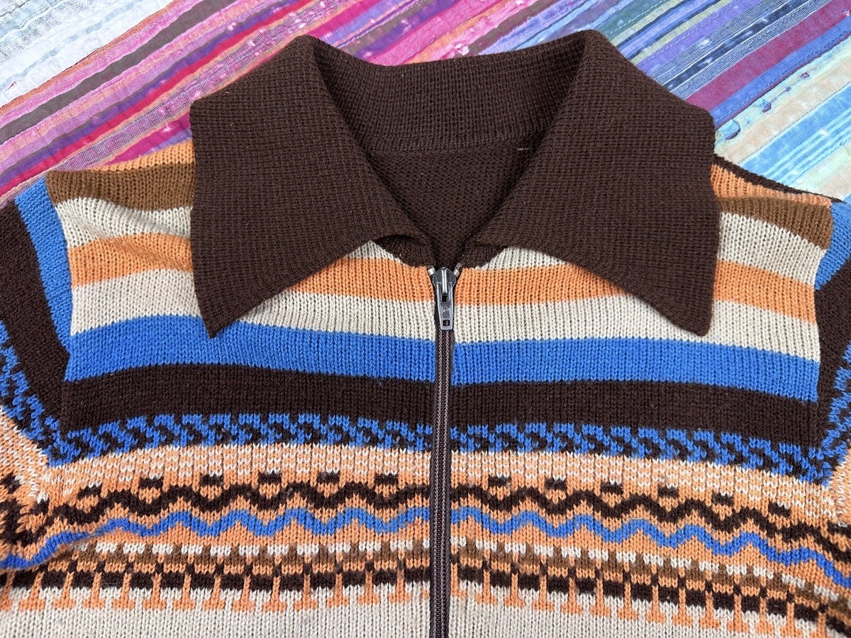 Vintage 70s 80s Cable Knit Stripe Full Zip Collared Sweater Retro