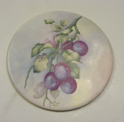 Vintage Artist Ruth Walker 1979 Hand Painted Ceramic Tile with Plums 3b