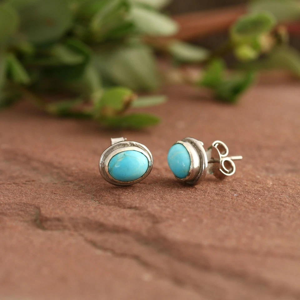 925 Sterling Silver Earrings Natural Turquoise Studs,Friendship Day Special Gift - Image 2 of 2