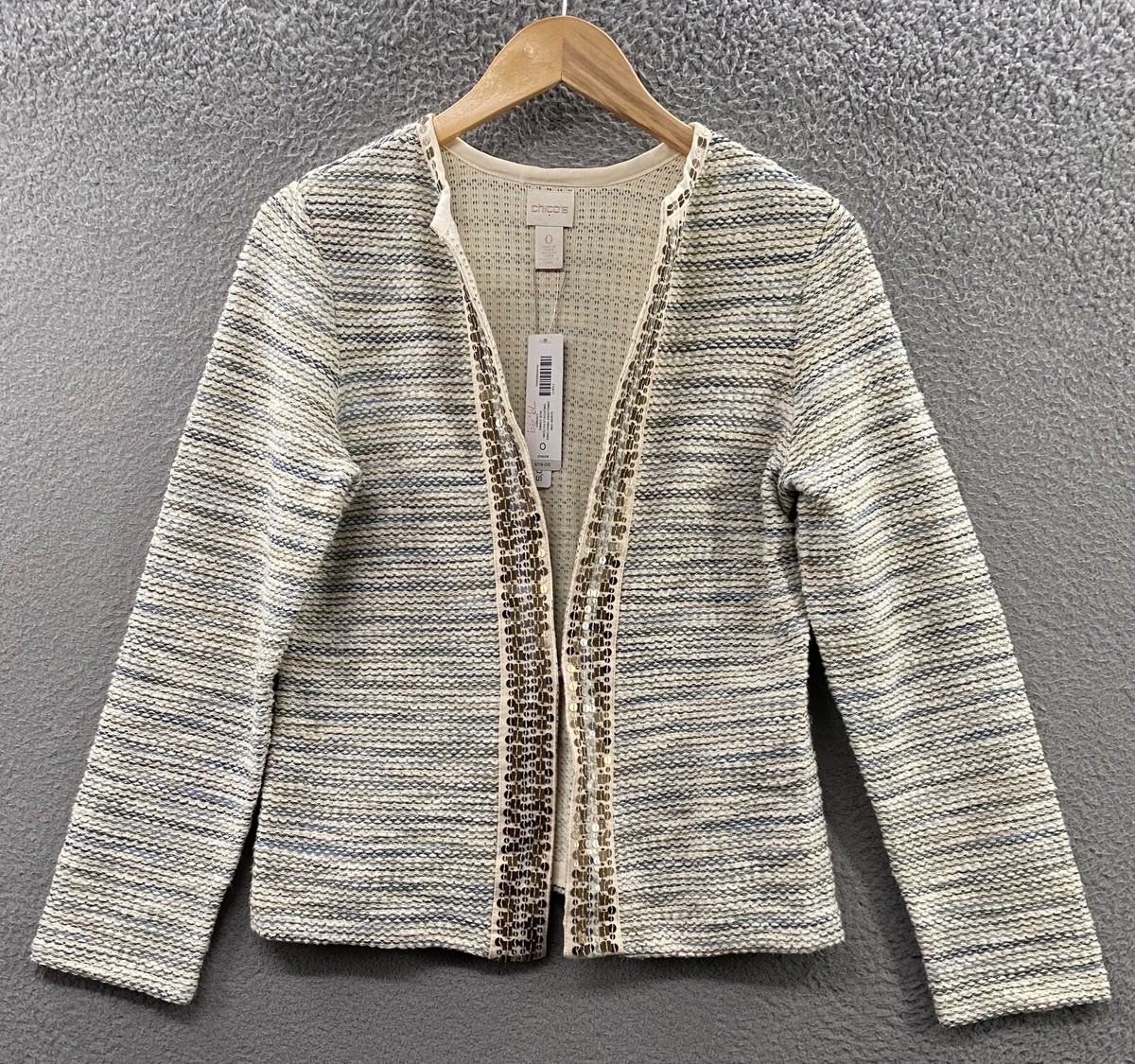 Chicos Cardigan Womens Small Beige Blue Sequin Detailed Open - Main Image