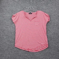 Chaps T-Shirt Womens PM Petite Red Striped V-Neck Short Sleeves Cotton Blend 