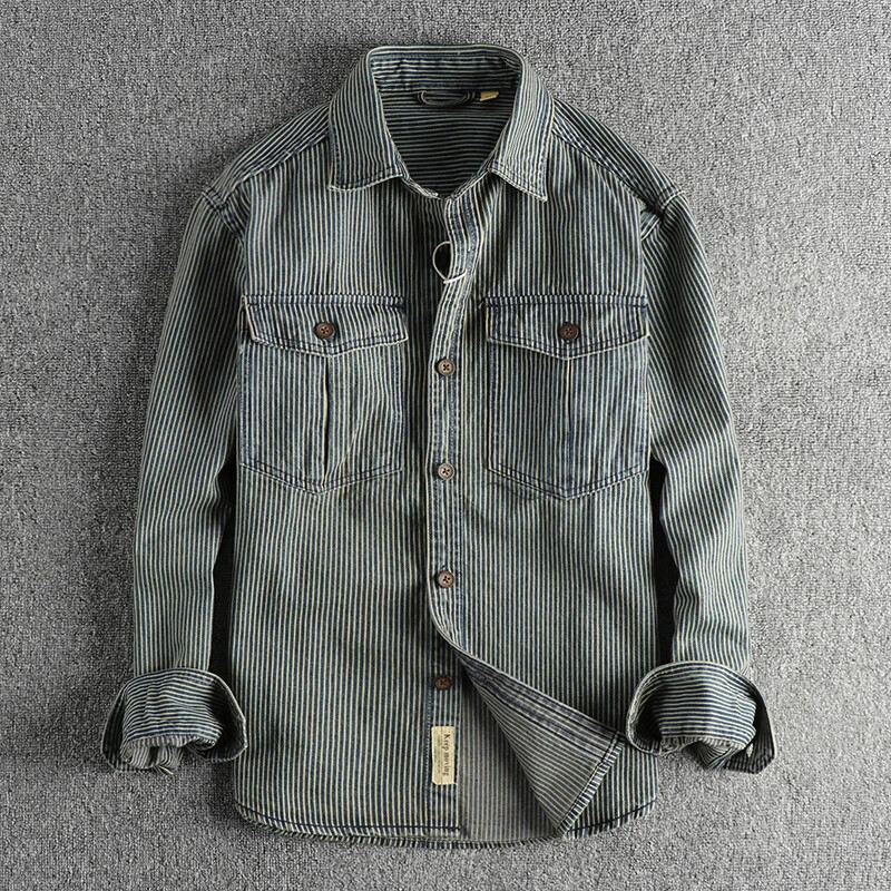 Yarn-dyed Striped Fabric Washed Vintage Cargo Denim Shirt