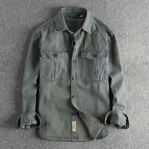 Garngefärbt Streifen Stoff gewaschen Retro Workwear Jeanshemd Herren Freizeithemd - - Bild 3 von 21
