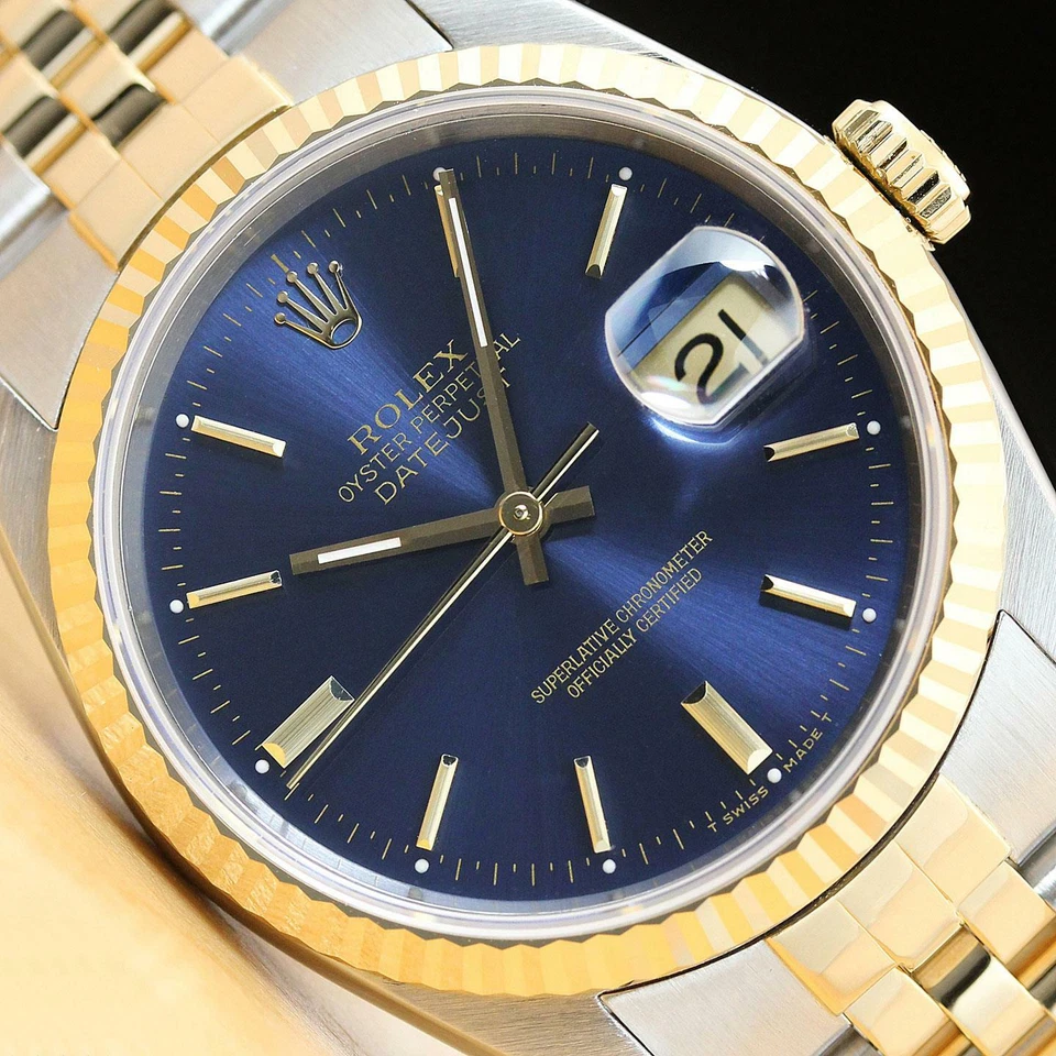 ROLEX MENS DATEJUST 16233 BLUE DIAL 18K YELLOW GOLD BEZEL STAINLESS STEEL WATCH