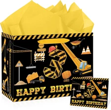 Black Gold Dump Truck & Excavator 3Rd Birthday Wrapping Bag with Tissue Paper &