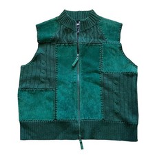 Ambra Green Suede Leather Patchwork Cable Knit Zip Up Vest Womens Petite LargePL