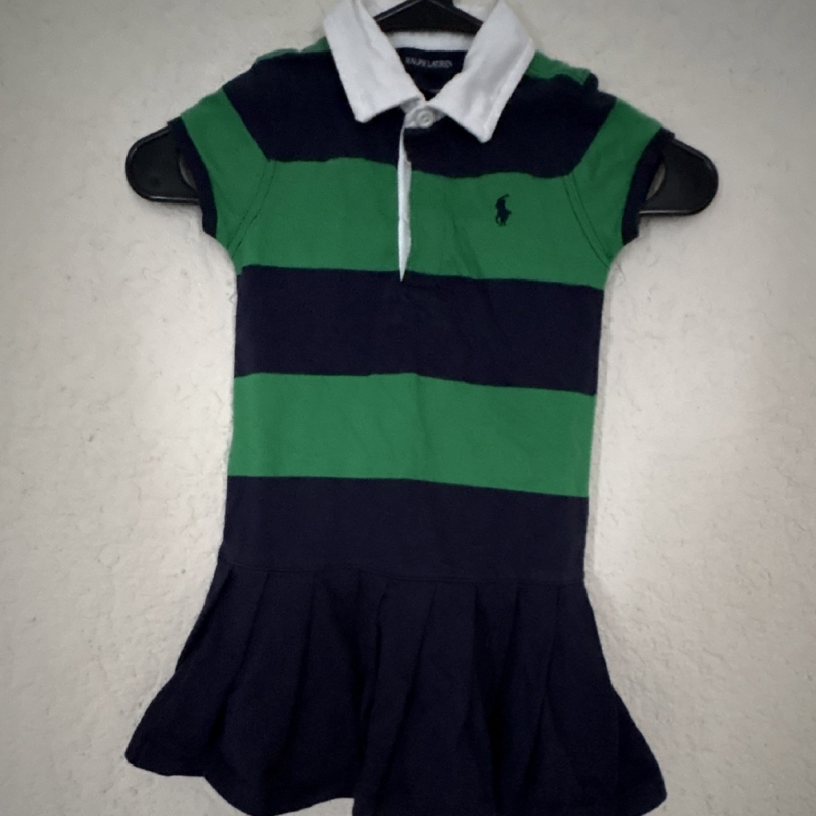 Ralph Lauren Girls Polo Dress Green Navy Striped Short Sleeve Collared 4T