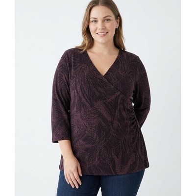 Kiara size 2X Purple Black Abstract Artsy Faux Wrap 3/4 Sleeve Slinky Knit Top