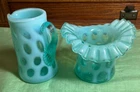 2 Fenton Opalescent Coin Dot Art Glass pieces blue-green. 4" Pitcher & 3.5" Vase