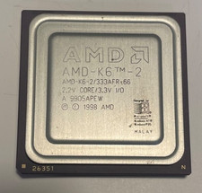 Antique AMD K6-2 CPU, AMD-K6-2/333AFR-66, 2.2V Core/3.3V I/O, 333MHZ, 66MHz FSB