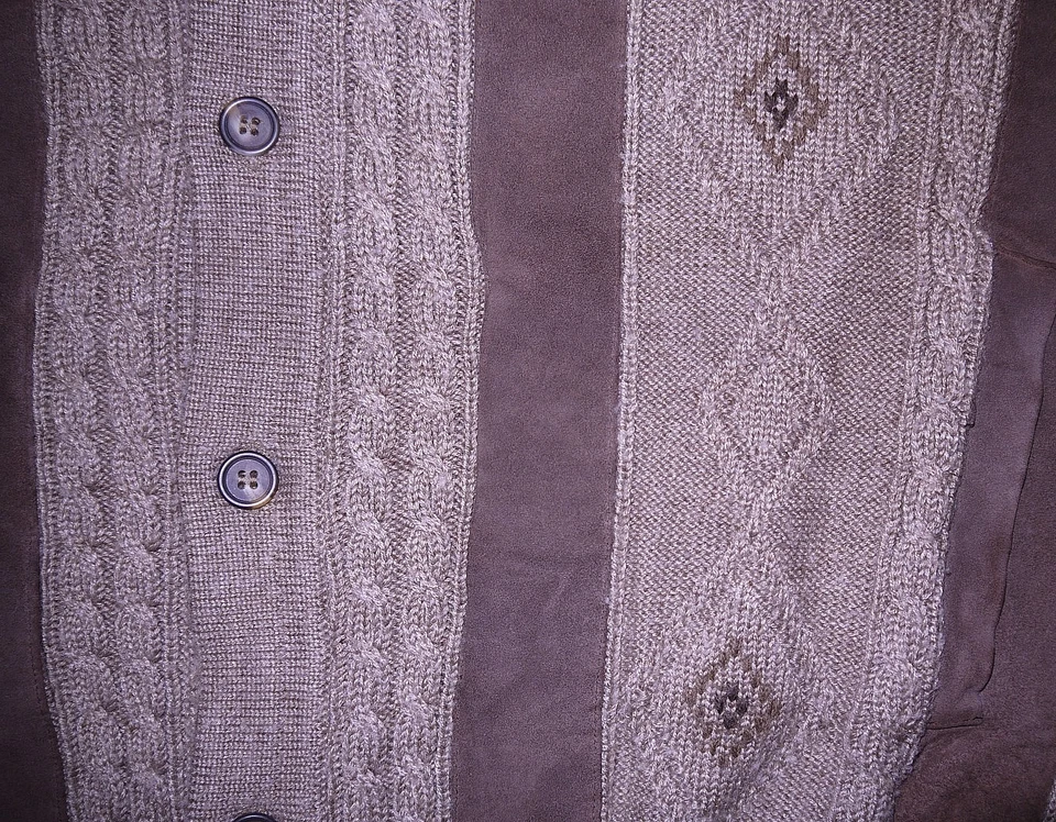 Norm Thompson Men's Medium Merino Wool Suede Leather Cardigan Sweater Brown VTG - Image 2 of 4