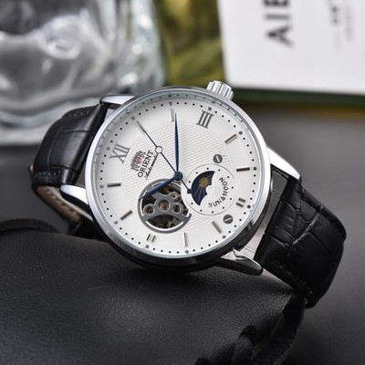 Orient Sun & Moon Semi Skeleton Automatic Watch Men's Leather Strap Luxury Gift
