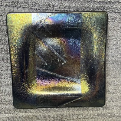 Dichroic glass Green Purple Gold Trinket Dish Vintage 4x4 Translucent Glass MCM