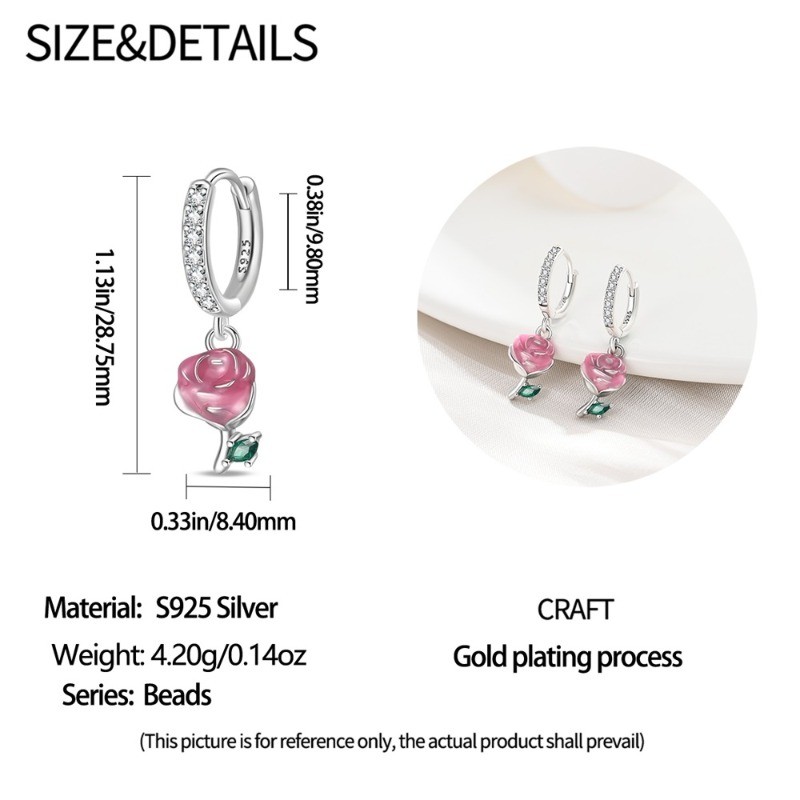 KUNSIR 925 Sterling Silver Pink Rose Drop Earrings For Women Hoops Jewelry Gift