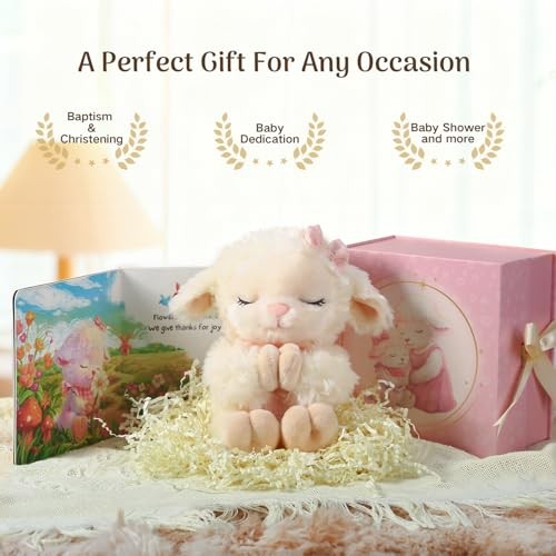 Baptism Gift Set for Baby Girl - Plush Praying Lamb, Blessing Book, Keepsake Box
