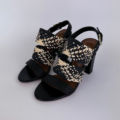 REISS Heels Sandalen EU36 schwarz creme gewebt Leder Riemchen Blockabsatz schick 