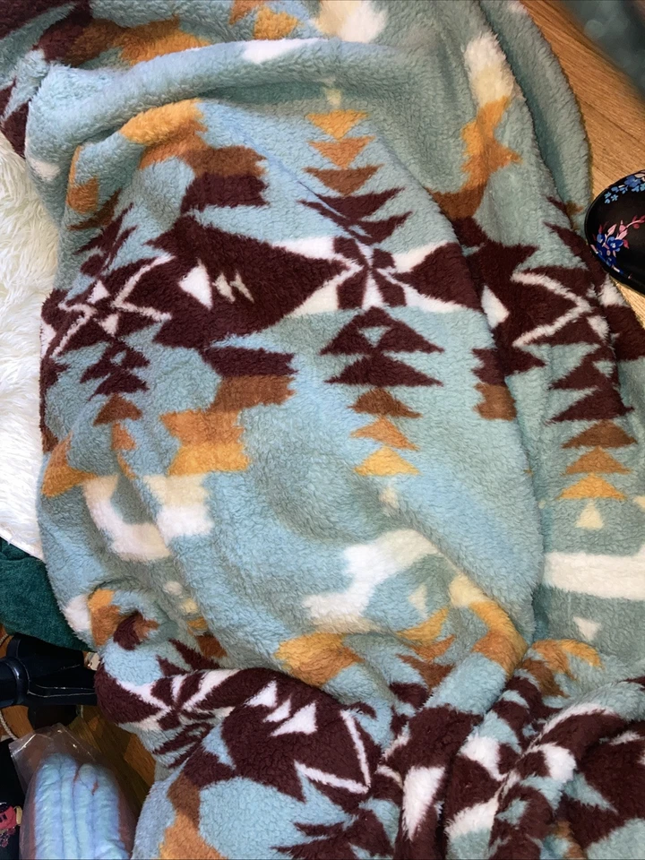 Home smart Sherpa Throw Native Blue With Brown And Mustard Yellow 2 Available - Image 3 of 4