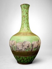 "Excepcional jarrón chino grande cloisonné elefante friso esmalte verde 19"""
