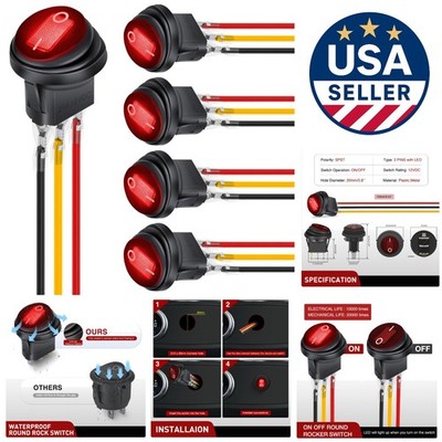 Durable Waterproof Round Rocker Toggle Switch with Red LED Light for 12V Systems