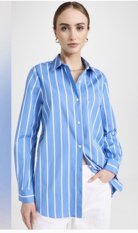 L'AGENCE Retail $375.00 Blue Stripe Cotton Back Vent Layla Tunic Shirt Sz XS/T