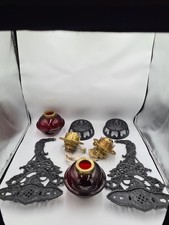 Original Antique Pair Hinks Cast Iron Wall Mount Oil Lamps - Cranberry Glass