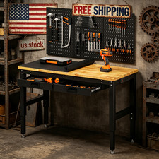 48" Adjustable Workbench 2500 Lbs Rubber Wood Tabletop Work Table With 2 Drawers
