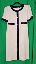 Vintage Albert Nipon Navy Pale Yellow Shift Dress Gold Button Jackie O Preppy