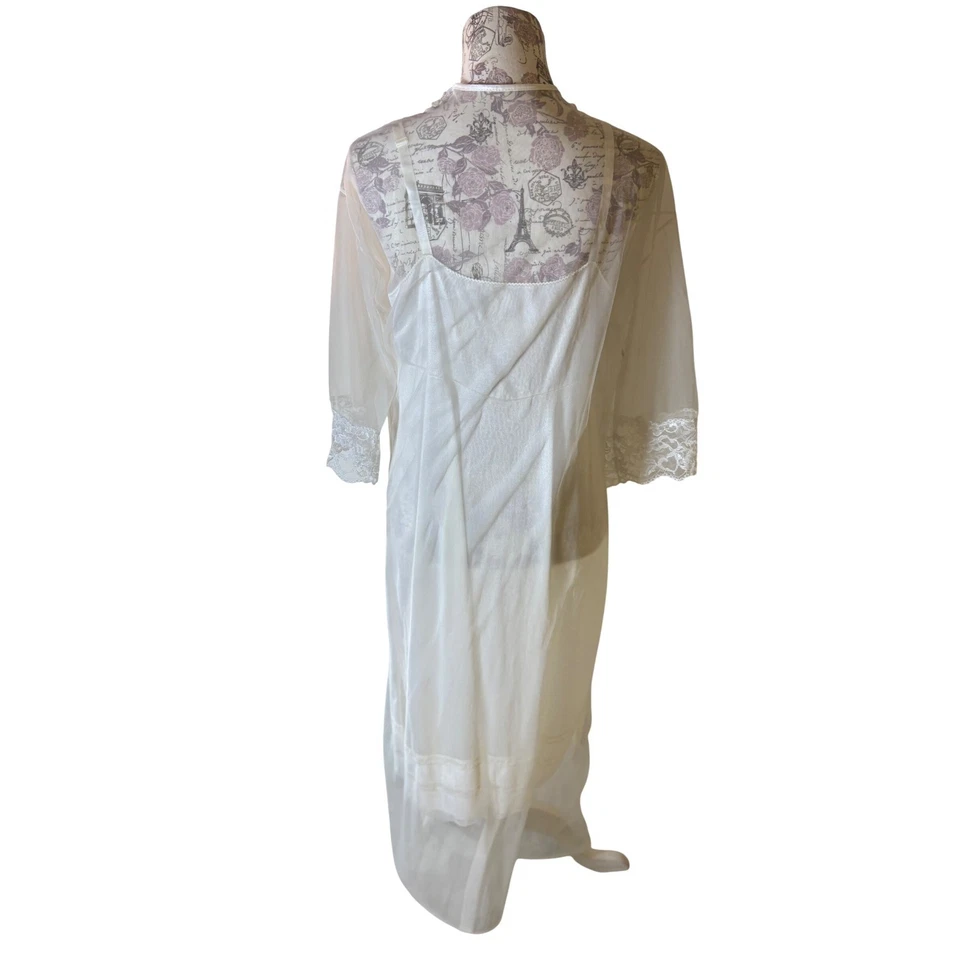 Conjunto de bata sin cordones de nailon blanco vintage L grande a juego Foto 2 de 4