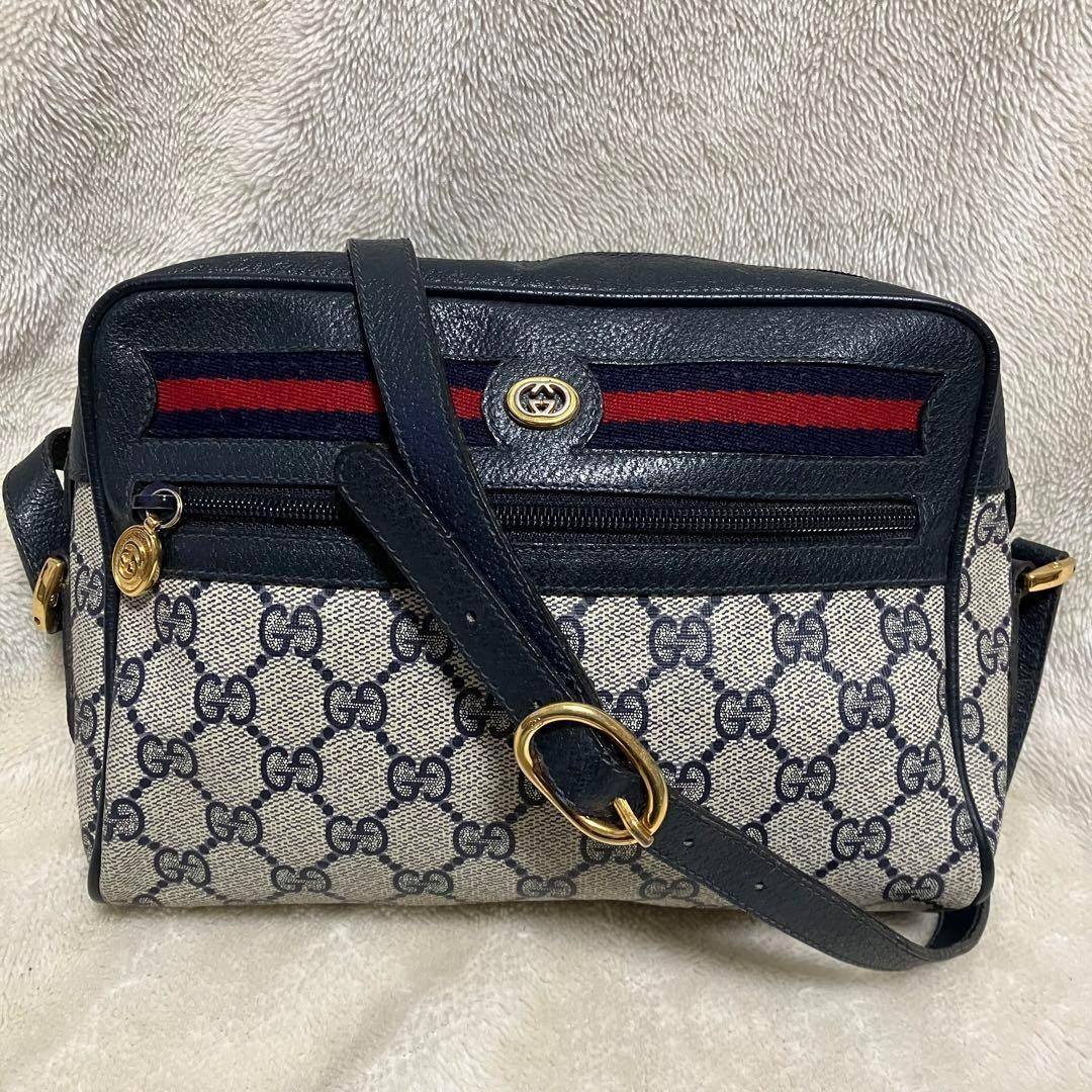 Gucci Navy PVC Leather GG Pattern Shoulder Bag with Gold Hardware 21x27cm Pre-Owned