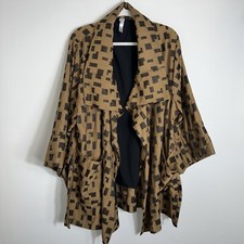 Marla Wynne Open Front Jacket-waterfall Collar-front Pockets-tan Black-1x
