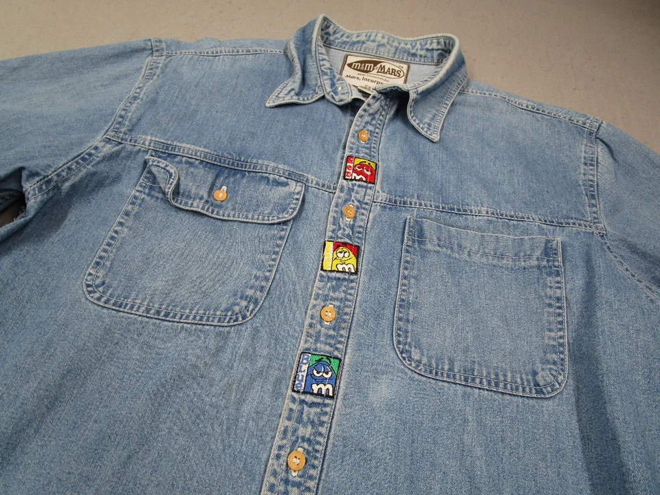 Camisa De Colección M&M Para Hombre Grande Azul Denim Abotonada Manga Larga Las Vegas Y2K Foto 2 de 4