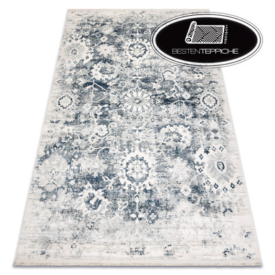Modern Elegant Teppich DISTIN mit Fransen Rosette marineblau / blau / weiß