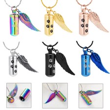 Small Paw Print Cylinder w/ Wing Urn Pendant Necklace for Cremation Ashes Gift