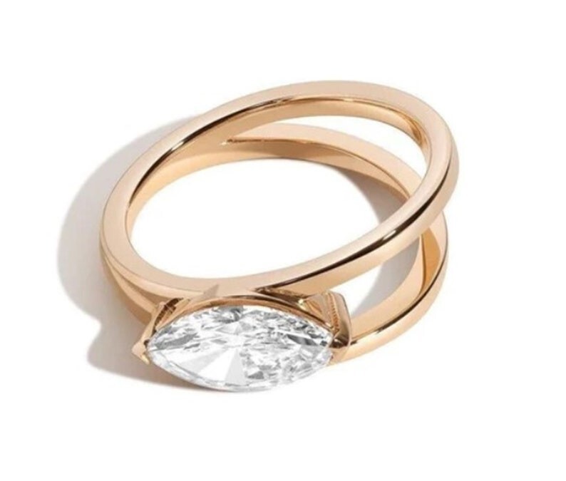 Antique Solitaire Yellow Gold Silver Ring, Marquise Cut Wedding Engagement Ring