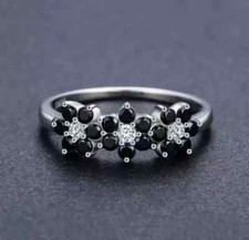1.50 Ct Round Black Onyx-Moissanite Halo Floral Wedding Ring 925 Sterling Silver
