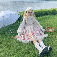 Damen Lolita Kleid Cosplay Kostüm Rüsche Puff Langarm Midi Rock Faux Satin