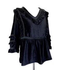 POL Black Velvet Vintage Victorian Style Top Ruffle Sleeve Eyelet Lace 