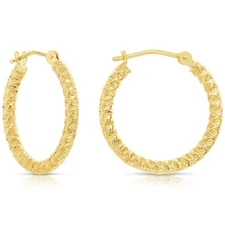 14K Real Solid Gold Twist Spiral Diamond-Cut Round Creole Hoop Earrings All Size
