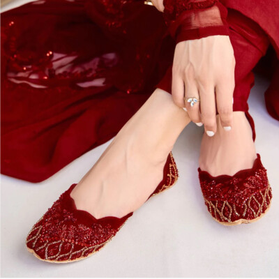 Pearl Ice Red Bridal Khussa Shoes South Asian Bridalwear Punjabi Juttis  UK