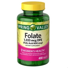 Spring Valley Folate 1,333 mcg DFE (Folic Acid 800 mcg) 400 Tablets
