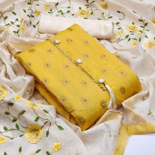 Women Jacquard Button  WovenWork Kurti salwar with Chanderi Duppta 2.10m Yellow